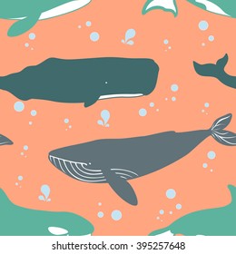 Seamless pattern with blue, sperm and killer whales. Vector illustration.