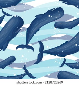 Seamless pattern with blue sperm whales and sea breeze. Cartoon vector graphics.