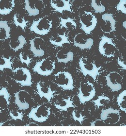 Seamless pattern with blue splashes and splashes of water on a dark gray background. Vector illustration. For packaging, textile, cover, background.