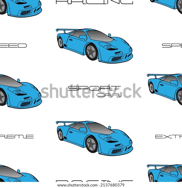 seamless pattern\
with blue sports car and\
text.