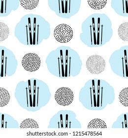 Seamless pattern with blue spots, black skis and circles on the white background. Vector illustration