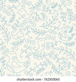 Seamless pattern with blue spring birds and branches.