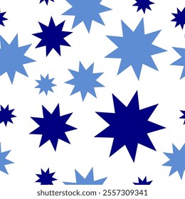 seamless pattern with blue star, Seamless pattern with blue stars strip diamond on white background. Blue flower Seamless pattern in checkerboard. Vector design for fabric print,