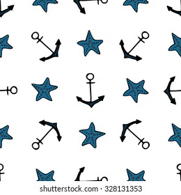 seamless pattern with blue starfish and anchor
