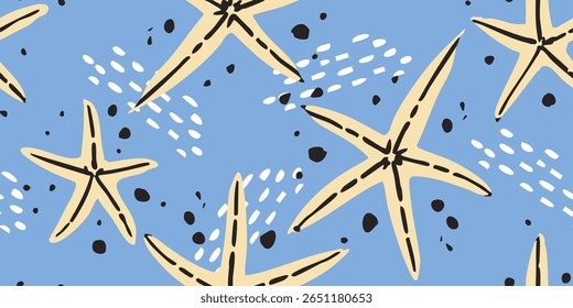Nahtloses Muster mit blauem Seestern. Seestern-Zeichnung. Starfish Hintergrund.