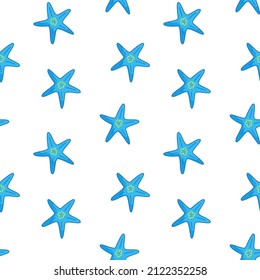 Seamless pattern with blue starfish on a white background. Vector illustration in a minimalistic flat style, hand drawn. Textile printing, print design, postcards