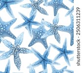 Seamless pattern with blue starfish. Watercolor vector background Sea illustrations for design