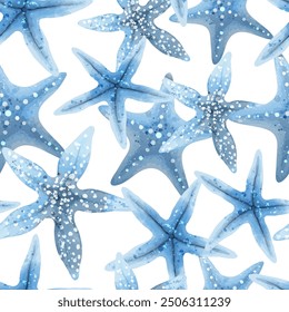 Seamless pattern with blue starfish. Watercolor vector background Sea illustrations for design