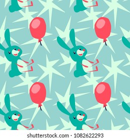 Seamless pattern blue stars. Cartoon Hares and pink balloons in flat style. Colorful hand drawn vector stock illustration.