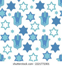 Seamless pattern with blue stars and hamsa hands. Perfect for wrapping paper, greeting cards, wallpaper. Jewish holidays. Hanukkah