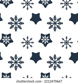 Nahtlose Muster von blauen Sternen und Schneeflocken. Neujahrsausdruck zum Verpacken von Papier. Weihnachtshintergrund für Sterne und Schneeflocken