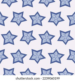 Seamless pattern of blue stars with a winter pattern on a light background. Stars with a frosty pattern of squiggles. Wrapping paper for gifts. Children's drawing of a star. Vector illustration