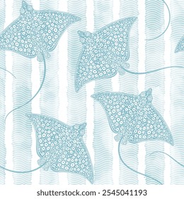 Seamless pattern with blue stingrays on waves background. Vector. Marine art background. Perfect for wallpaper, wrapping, fabric, print and textile. 