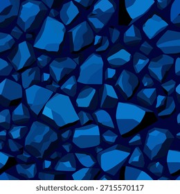 A seamless pattern of blue stones of various shapes and sizes on a dark background. Abstract background. Vector illustration in shades of blue for interior design and wallpaper.