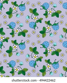 Seamless pattern with blue strawberry on a cornflower background, leaves and flowers, primitive style, doodle, kitsch, flat, kawaii, print for wallpaper, fabrics, web, vector EPS8