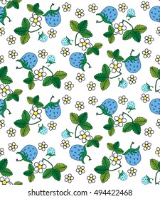 Seamless pattern blue strawberry on a white background, leaves and flowers, primitive style, doodle, kitsch, flat, kawaii, print for wallpaper, fabrics, web, vector EPS8