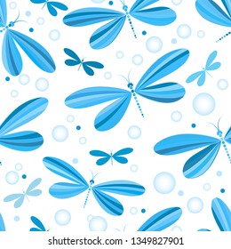 Seamless pattern with blue striped dragonflies and gradient balls on transparent background. Vector image. Eps 8