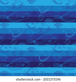 Seamless pattern with blue striped line with fish. Cute underwater world. Vector illustration.