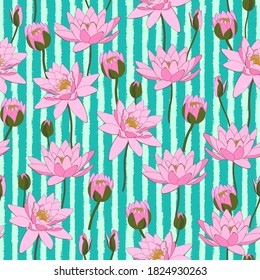 Patrón sin foco con flores de agua azules rayadas y rosas. Por príncipe en un textil y papel. Diseño de tejido