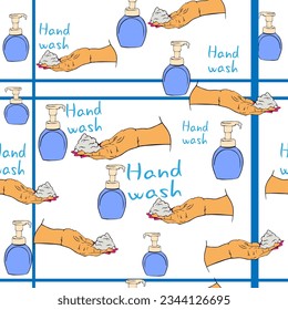 Seamless pattern with blue stripes beautiful female hands with white foam mousse applied. bottle of shampoo. hand takes  white foaming mousse from bottle no label. hand with soap bubbles.