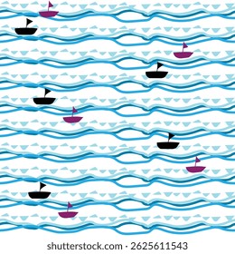 Seamless pattern with blue stripes and doodle boat icon; waves abstract graphic design