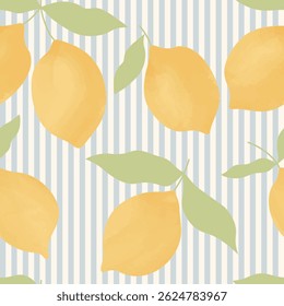 Seamless pattern of blue stripes with lemons. Italian summer vacation. Coquette print, background with citrus fruits. Vector trendy design for fabric, wrapping paper