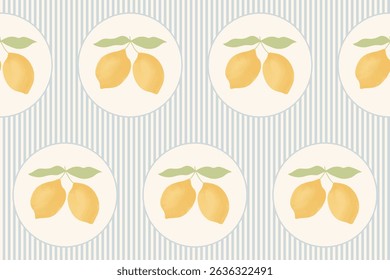 Padrão contínuo de listras azuis com limões e folhas. Férias de verão italianas. Fundo Dolce vita com citrinos. Vetor trendy design para tecido, papel de embrulho