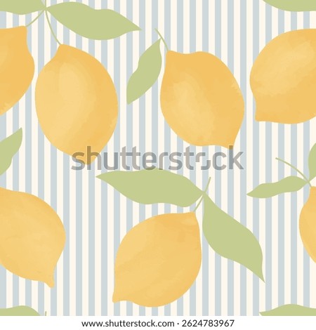 Seamless pattern of blue stripes with lemons. Italian summer vacation. Coquette print, background with citrus fruits. Vector trendy design for fabric, wrapping paper