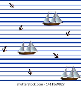 seamless pattern with blue stripes, sailboats and anchors on a white background, ready for printing on packaging, on fabric, on covers, on paper, for creating cards, posters, stickers, invitation