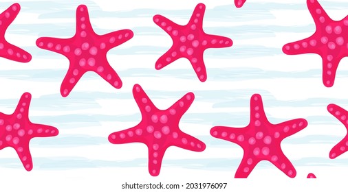 Seamless pattern of blue stripes in watercolor background and with starfish. Vector illustration. Sea theme.