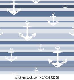 Seamless pattern with blue stripes and white anchors. Vector.