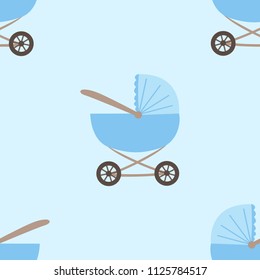 Seamless pattern of blue stroller image on a blue background. Illustration for a boy at a baby shower party. Background for greeting or invitation cards.