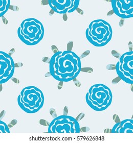 Seamless pattern of blue stylized flowers with textured leaves on a pale blue background