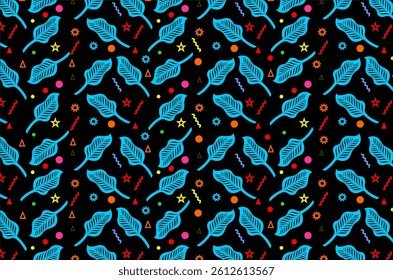 Seamless pattern of blue stylized leaves with vein details, small colorful geometric shapes (triangles, circles, stars), and abstract squiggles in various colors such as red, yellow, blue, and orange.
