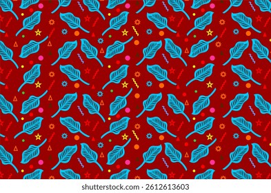 Seamless pattern of blue stylized leaves with vein details, small colorful geometric shapes (triangles, circles, stars), and abstract squiggles in various colors such as red, yellow, blue, and orange.