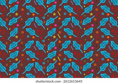 Seamless pattern of blue stylized leaves with vein details, small colorful geometric shapes (triangles, circles, stars), and abstract squiggles in various colors such as red, yellow, blue, and orange.