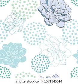 Seamless pattern with blue succulent flowers and dots