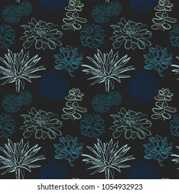 Seamless pattern with blue succulents on dark background