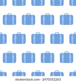 Seamless pattern with blue suitcases. Abstract repeating summer background for Traveling banner. Flat vector illustration isolated on white. Vacation or tourism concept.