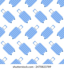 Seamless pattern with blue suitcases. Abstract repeating summer background for Traveling banner. Flat vector illustration isolated on white. Vacation or tourism concept