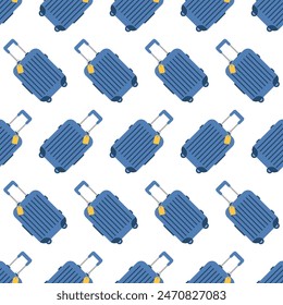 Patrón transparente con maletas azules y etiqueta amarilla. Abstractas fondo de verano repetitivo para Anuncio viajero. Ilustración vectorial plana aislada en blanco. Concepto de vacaciones o turismo