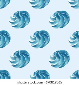 Seamless pattern with blue swirl meringue (zephyr, marshmallow) isolated on a light blue background. 