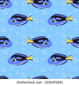 Nahtlose Muster mit blauem Tang oder Paracanthurus hepatus. Meeresbewohner. Moderner Druck für Gewebe, Textilien, Wickelpapier. Vektorgrafik