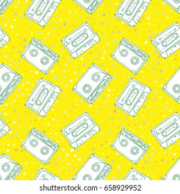Seamless pattern of blue tape cassette  on yellow background. 