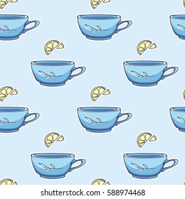 Seamless pattern with blue tea cups and lemon.