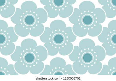 seamless pattern blue teal flowers japanese cherry blossoms on white background. Asian simple ornament, oriental style. Can be used for fabrics, wallpapers. Vector