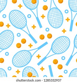 Seamless pattern with blue tennis rackets, decorative elements and balls on white background, flat style vector illustration. Sport concept.