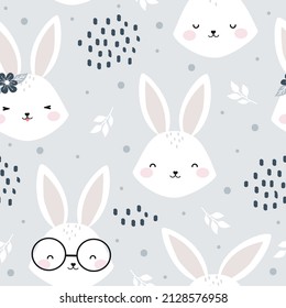 Seamless pattern blue theme with cute bunny rabbit,  design for scrapbooking, decoration, cards, paper goods, background, wallpaper, wrapping, fabric and all your creative projects. Vector Illustratio