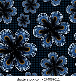 Seamless pattern with blue tiare flower. Dots, doted pattern. Monoi flower. Black background.