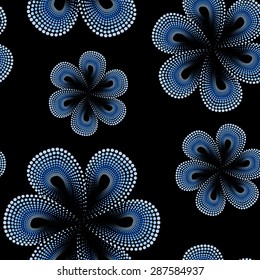 Seamless pattern with blue tiare flower. Dots, doted pattern. Monoi flower. Black background.
